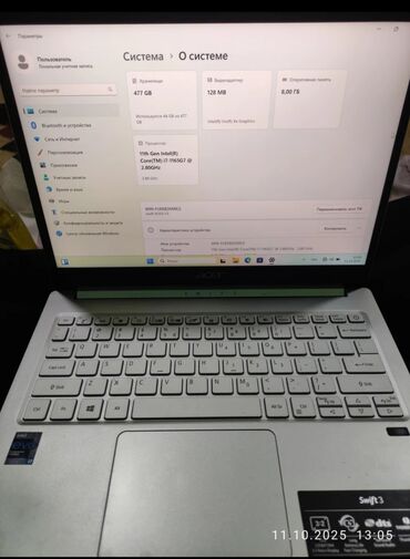 swift 1: Ультрабук, Acer, 8 ГБ ОЭТ, Intel Core i7, 13.5 ", Колдонулган, Татаал эмес тапшырмалар үчүн, эс тутум NVMe SSD