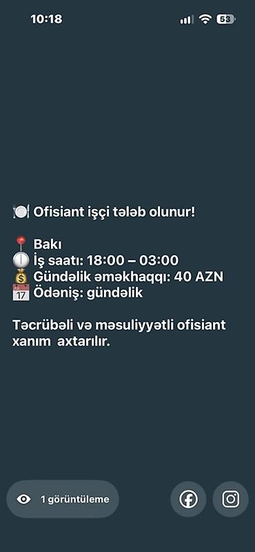 Ofisiantlar: Ofisiant tələb olunur, Gündəlik ödəniş — 1