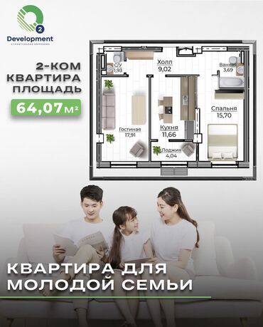 Кыймылсыз мүлк: 2 бөлмө, 64 кв. м, 10 кабат, ПСО (өзү оңдоп түзөтүп бүтүү үчүн)