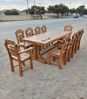 işlenmiş taxta: Taxta yemək dəsti – böyük ölçülü masa və 10 ədəd stul - Material: tam — 2