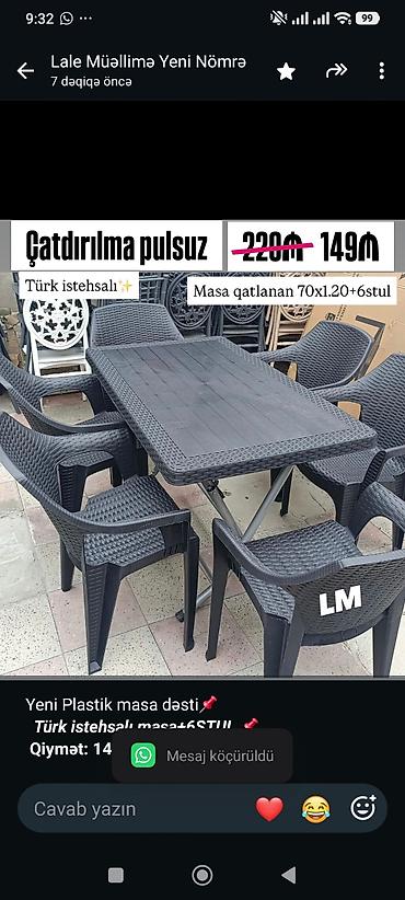 Yeni Plastik masa dəsti📌 _*Türk istehsalı masa+6STUL*_ 📌 *Qiymət