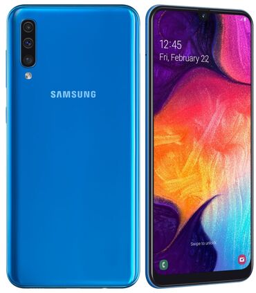 тариф о на месяц: Samsung Galaxy A50, Б/у, 64 ГБ, цвет - Голубой, 2 SIM