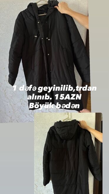 VAZ (LADA): Qara rəngli uzun qış paltosu (kapüşonlu). - Böyük bədən - Ön tərəfdə