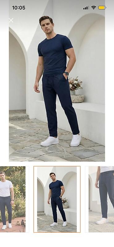 Kişi geyimləri: Məhsul: Kişi şalvarı – tünd göy - Kəsim: Slim-fit, düz paça; gündəlik — 2
