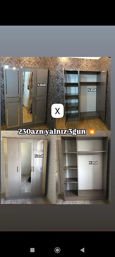 guzgu boydan: Üç qapılı geyim dolabı - Rəng: boz tonlarda, qızılı dekor xətləri - — 1