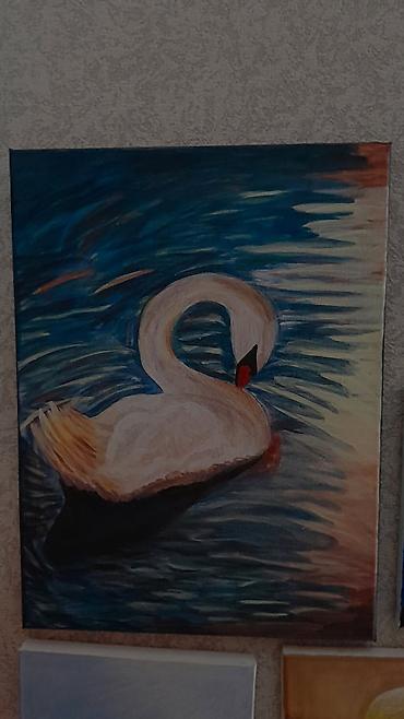 təbaşir və pastel: Rəsm əsəri – “Qu quşu suda” 100% əl işi - Texnika: kətan üzərində — 1
