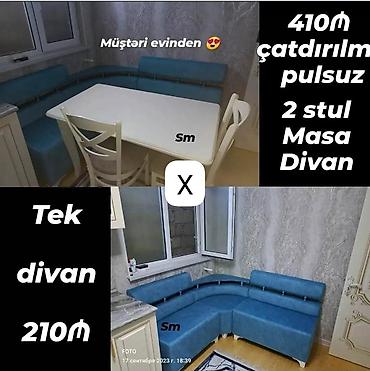 metbex divani satilir: Mətbəx üçün künc dəsti Komplekt: - Künc divan (mavi rəng, yumşaq — 1
