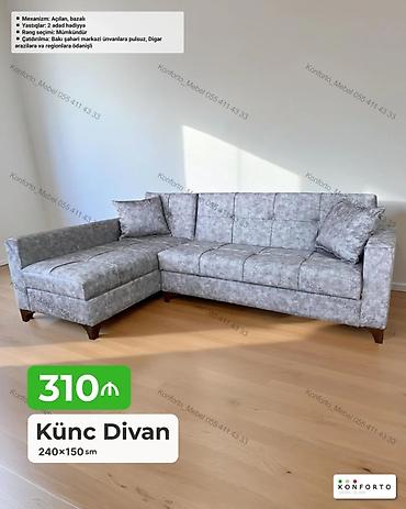 Диваны: Künc divan – 240×150 sm - Mexanizm: açılan, bazalı (yataq funksiyalı — 1