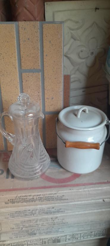 sut: Şüşə qrafin + emallı süd vedrəsi dəsti - Şüşə qrafin: qalın, naxışlı — 1