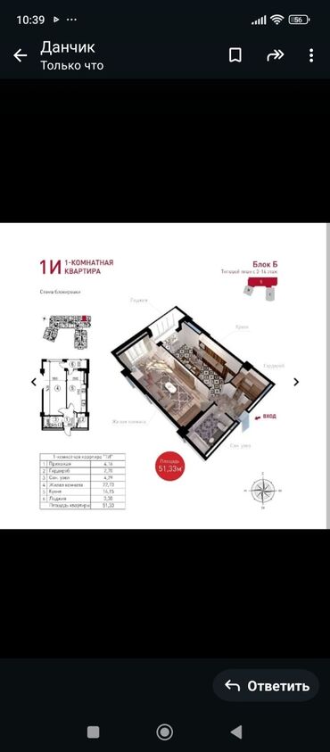 квартира тец: 1 комната, 51 м², Элитка, 4 этаж, ПСО (под самоотделку)