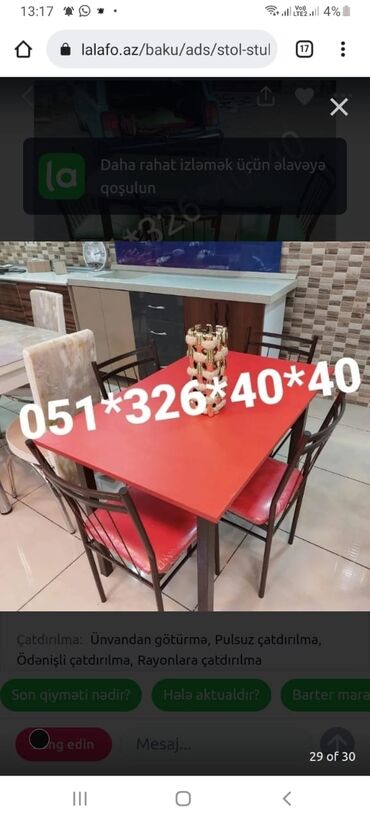 Masa və oturacaq dəstləri: Mətbəx üçün, Yeni, Açılan, Dördbucaq masa, 4 stul — 24