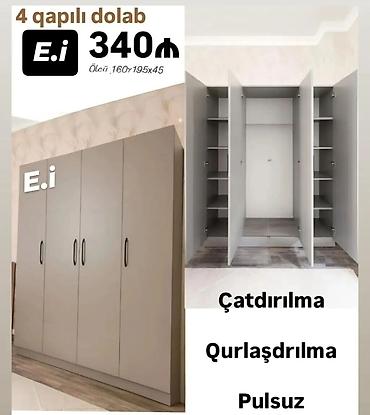 balta: 4 qapılı paltar dolabı - Rəng: açıq boz - Tutacaqlar: qara, rahat — 1