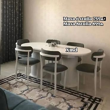 Masa və oturacaq dəstləri: Masa və 6 stul dəsti – Xmd • Komplekt: 1 yemək masası + 6 ədəd stul — 183