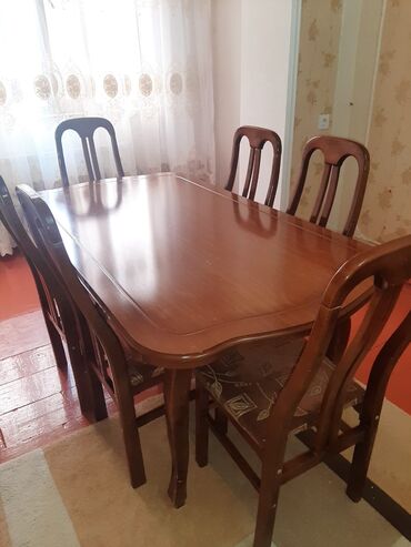 mebel stol stul: Qonaq otağı üçün, İşlənmiş, Açılmayan, Kvadrat masa, 6 stul, Azərbaycan