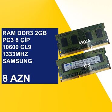 Operativ yaddaş (RAM) 2 GB, 1333 Mhz, DDR3, Noutbuk üçün, İşlənmiş