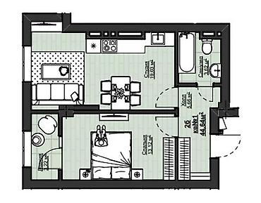 1: 1 комната, 45 м², Асанбай мкр Элитка, 12 этаж, ПСО (под самоотделку) — 2