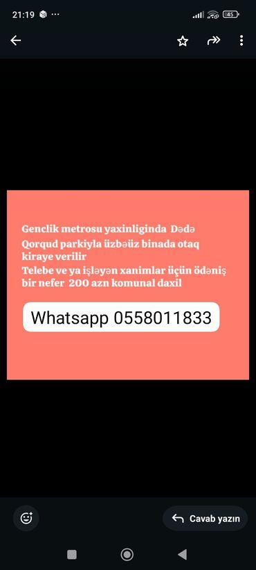 xalqlarda kiraye evler 200 azn: Otaq kiraye verirem telebe ve ya isleyen xanımlar üçün bir nefer 200