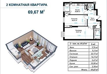 flat osh: 2 комнаты, 69 м², Пишпек Элитка, 15 этаж, ПСО (под самоотделку) — 5