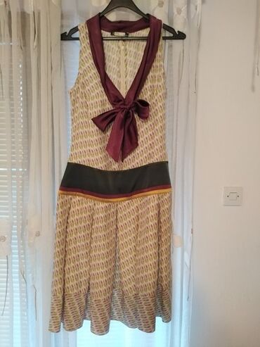 midi haljina: Evita damska francuska haljina 100% svila, šik dezena, okovratnik koji