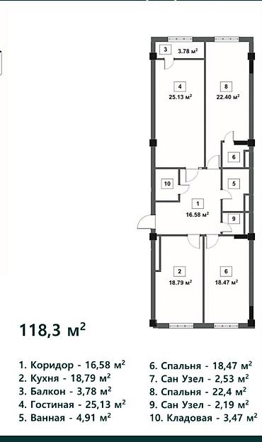 red centr: 3 комнаты, 118 м², Восток-5 мкр Элитка, 7 этаж, ПСО (под самоотделку) — 1