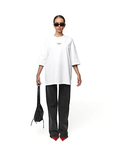 оверсайз футболка: Белая oversize футболка унисекс с принтом. - Свободный крой — 7