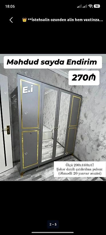 kitab skafi: Güzgülü 4 qapılı şkaf – boz rəng, qızılı haşiyələr və dekorativ — 1