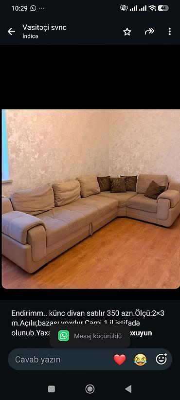 Endirimm. künc divan satılır 350 azn.Ölçü:2×3 m.Açılır,bazası