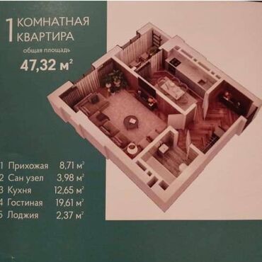 недвижимости ош: 1 комната, 47 м², Элитка, 14 этаж, ПСО (под самоотделку)