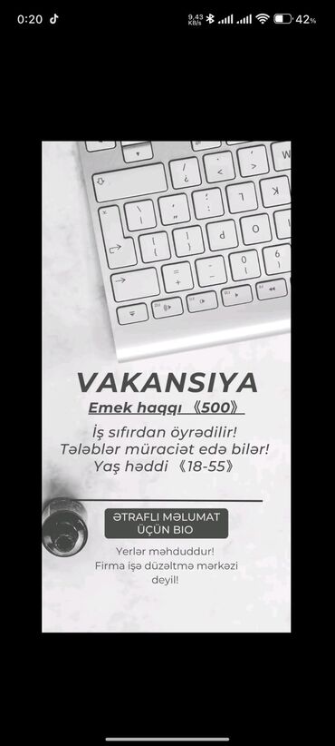 sədərək iş: Qeydiyyat şöbəsinə part time işləyəcək operator xanımlar və bəylər