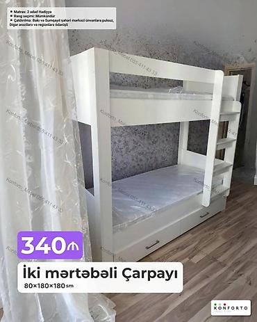 Ev və bağ: İki mərtəbəli çarpayı – 80×180×180 sm • Material: ağ rəngli korpus — 1