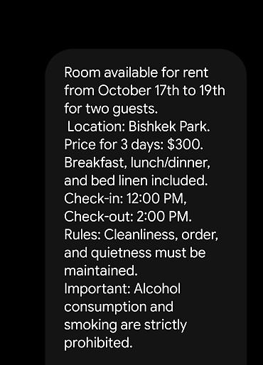 Room available for rent from October 17th to 19th for two guests at lalafo.kg Room available for rent from October 17th to 19th for two guests