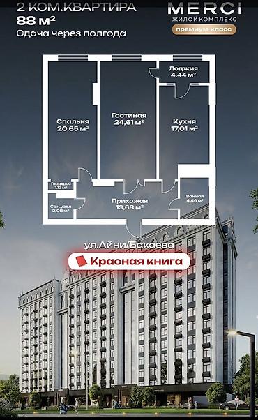 Продажа квартир: 2 комнаты, 88 м², Джальская больница Элитка, 5 этаж, ПСО (под самоотделку) — 2
