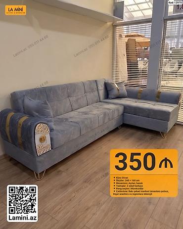 Диваны: Künc Divan – 350 ₼ Xüsusiyyətlər: - Ölçülər: 260 × 160 sm - Mexanizm — 1