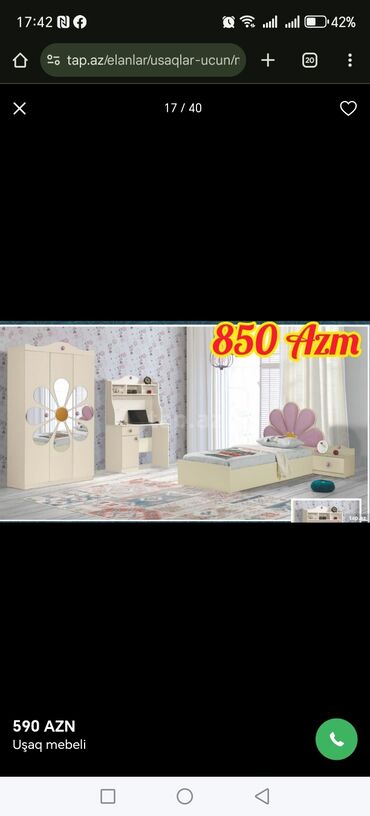 Uşaq və gənc otağı üçün dəstlər: Oğlan və qız üçün, Təknəfərlik çarpayı, Yazı masası — 10