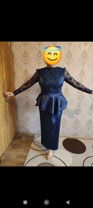 вечернее платье в пол синего цвета: Вечернее платье, Длинная модель, Атлас, С рукавами, 2XL