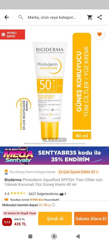 günəş kremi: Bioderma 50 Spf günəş kremibütün dəri tipləri üçün uyğundur40 ml