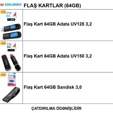 Masaüstü kompüterlər və iş stansiyaları: Flash kart ADATA, 64 GB, USB 3.1, Yeni