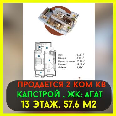 купить квартиру в строящемся доме: 2 комнаты, 57 м², Элитка, 13 этаж, ПСО (под самоотделку)