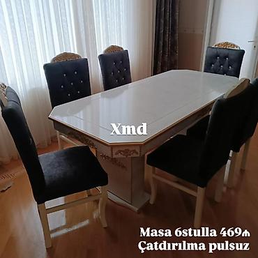 domax mebel: Zərif klassik üslubda yemək otağı dəsti: - 1 masa + 6 stul - Masa: ağ — 1