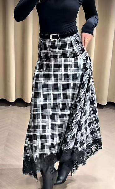 mini etek: Qara-ağ rəngli, xətli (plaid) naxışlı uzun ətək Yenidir alindigdan — 2