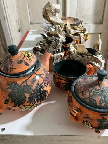 kukla sekilleri: Çay dəsti, rəng - Narıncı, Keramika, 6 nəfərlik