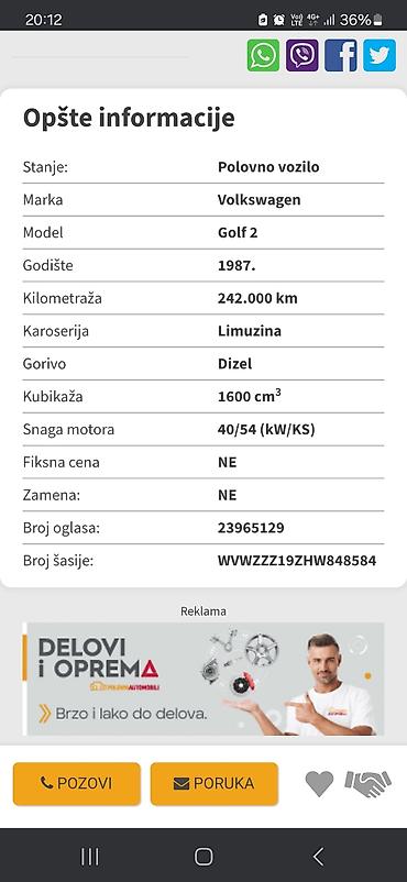Volkswagen: Golf 2 Registrovan do 31.08.2026.god., 1.6 u odlicnom stanju 1987 — 15