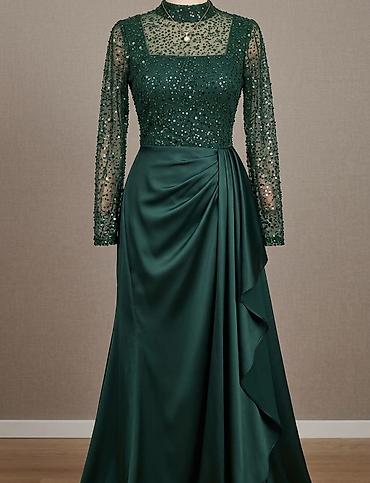 Şam-yaşıl rəngdə zərif ziyafət/gecə libası - Model: Uzun, yerə qədər