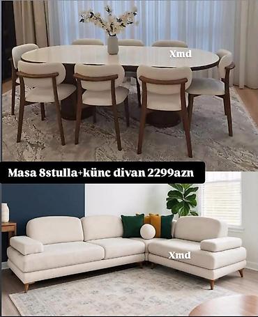 plastik stol stullar: Mebel dəsti: yemək masası + 8 ədəd stul və L şəkilli künc divan - — 1
