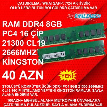 Elvin Emilzadə: Operativ yaddaş (RAM) Kingston, 8 GB, 2666 Mhz, DDR4, PC üçün, Yeni