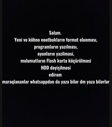 Комплектующие для ПК и ноутбуков: Salam. Yeni və köhnə noutbukların format olunması,programların