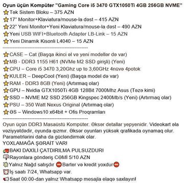 Masaüstü kompüterlər və iş stansiyaları: Oyun üçün Kompüter "Gaming Core i5 3470 GTX1050Ti 4GB 256GB NVME” ⭐Tək -da lalafo.az — 2 Masaüstü kompüterlər və iş stansiyaları: Oyun üçün Kompüter "Gaming Core i5 3470 GTX1050Ti 4GB 256GB NVME” ⭐Tək — 2