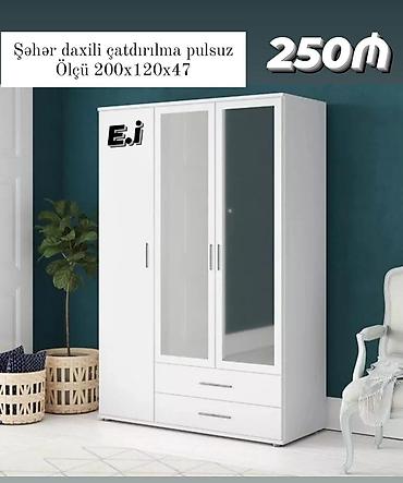 sirmə: Ağ rəngli 3 qapılı paltar şkafı - Ölçü: 200 x 120 x 47 sm - Şüşəli ön — 1