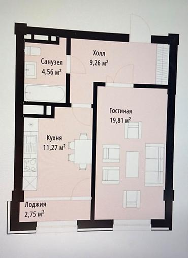 81: 1 комната, 49 м², Кок-Жар мкр Элитка, 3 этаж, ПСО (под самоотделку) — 2