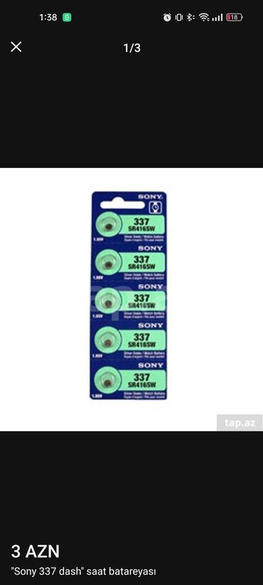 Chery: Məhsul: Sony saat batareyası – model 337 (SR416SW), Silver 1.55V